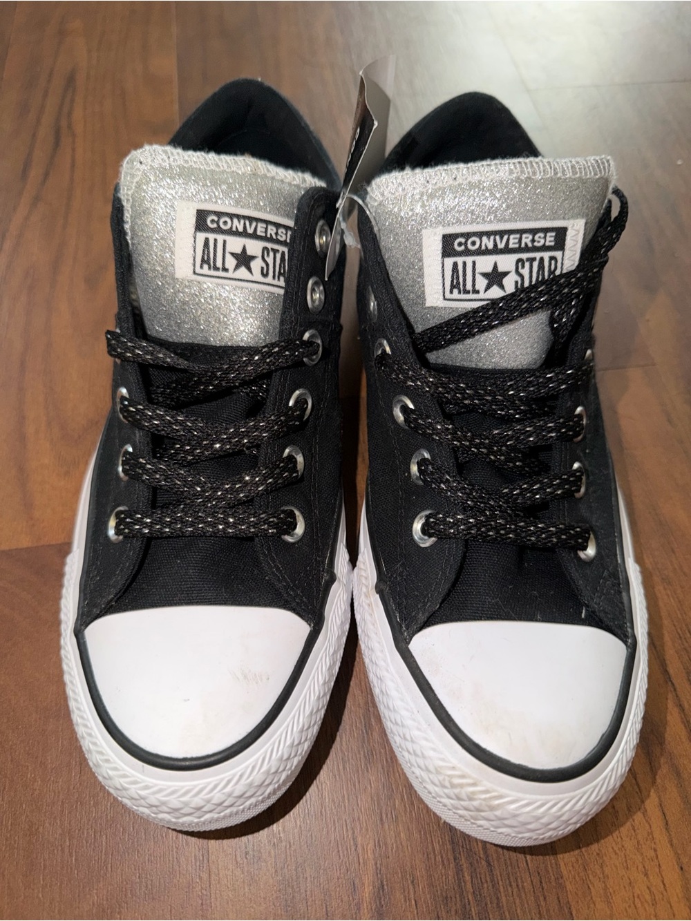 Converse All Star Black Canvas Sneakers with Silver Glitter Tongue